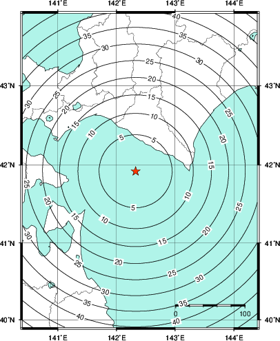 緊急地震速報第1報提供から主要動到達までの時間及び推計震度分布図