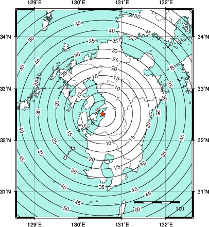 緊急地震速報第1報提供から主要動到達までの時間及び推計震度分布図