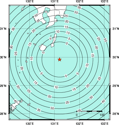 緊急地震速報第1報提供から主要動到達までの時間及び推計震度分布図