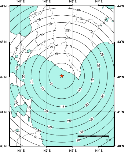 緊急地震速報第1報提供から主要動到達までの時間及び推計震度分布図