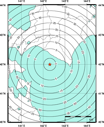 緊急地震速報第1報提供から主要動到達までの時間及び推計震度分布図