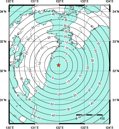緊急地震速報第1報提供から主要動到達までの時間及び推計震度分布図