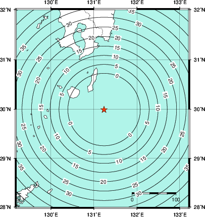 緊急地震速報第1報提供から主要動到達までの時間及び推計震度分布図
