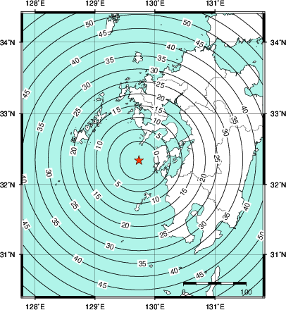 緊急地震速報第1報提供から主要動到達までの時間及び推計震度分布図