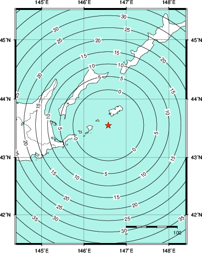 緊急地震速報第1報提供から主要動到達までの時間及び推計震度分布図