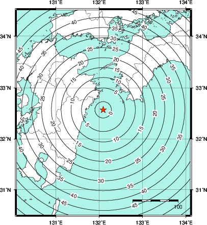 緊急地震速報第1報提供から主要動到達までの時間及び推計震度分布図