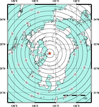 緊急地震速報第1報提供から主要動到達までの時間及び推計震度分布図