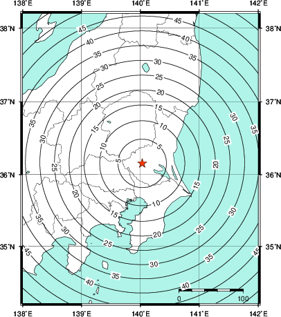 緊急地震速報第1報提供から主要動到達までの時間及び推計震度分布図