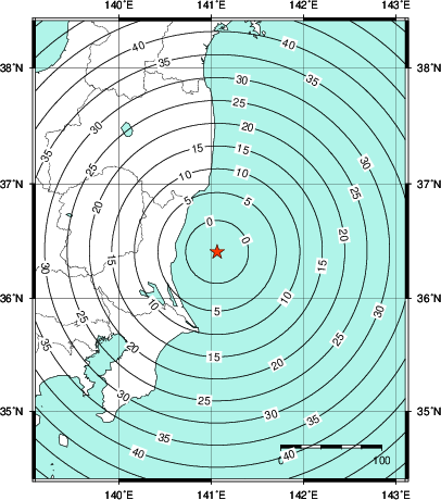 緊急地震速報第1報提供から主要動到達までの時間及び推計震度分布図