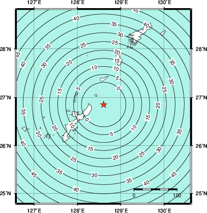 緊急地震速報第1報提供から主要動到達までの時間及び推計震度分布図