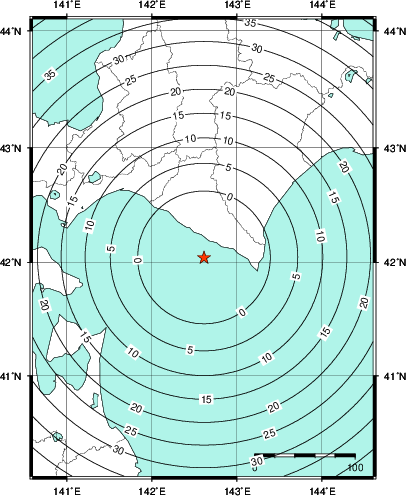 緊急地震速報第1報提供から主要動到達までの時間及び推計震度分布図