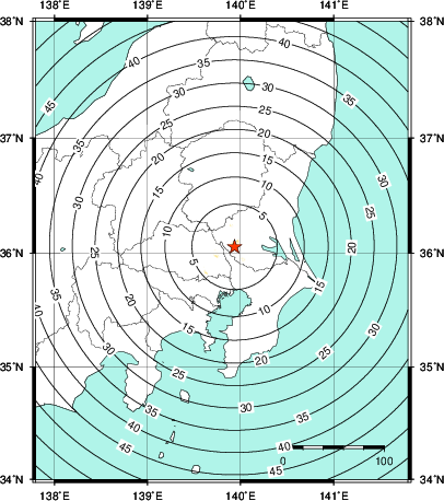 緊急地震速報第1報提供から主要動到達までの時間及び推計震度分布図