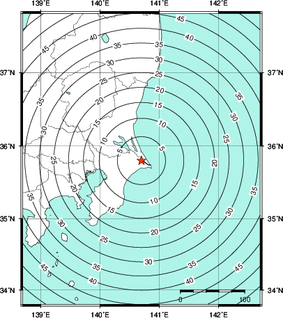 緊急地震速報第1報提供から主要動到達までの時間及び推計震度分布図