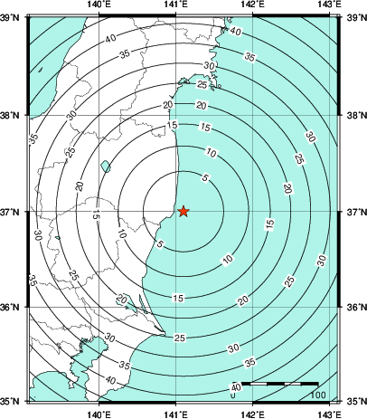 緊急地震速報第1報提供から主要動到達までの時間及び推計震度分布図