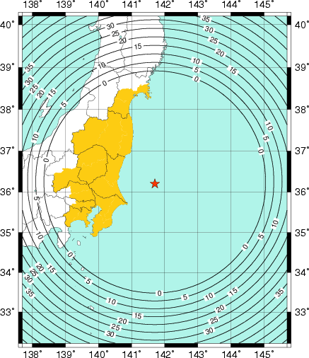 緊急地震速報（警報）を発表した地域及び主要動到達までの時間