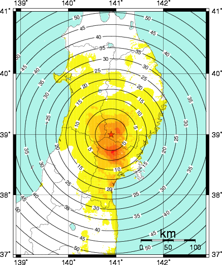 緊急地震速報第1報提供から主要動到達までの時間及び推計震度分布図