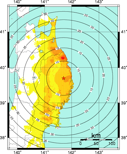 緊急地震速報第1報提供から主要動到達までの時間及び推計震度分布図