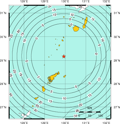 緊急地震速報（警報）第1報を発表した地域及び主要動到達までの時間