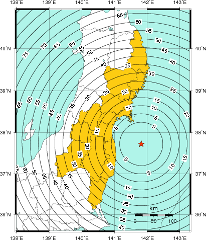 緊急地震速報（警報）第1報を発表した地域及び主要動到達までの時間