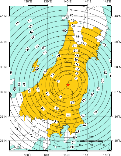 緊急地震速報（警報）第1報を発表した地域及び主要動到達までの時間