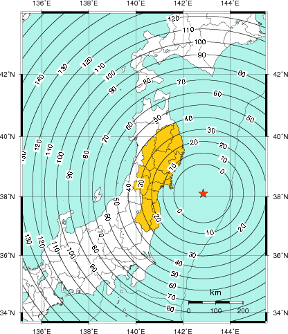 緊急地震速報（警報）第1報を発表した地域及び主要動到達までの時間