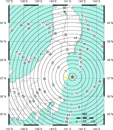 緊急地震速報第1報提供から主要動到達までの時間及び推計震度分布図