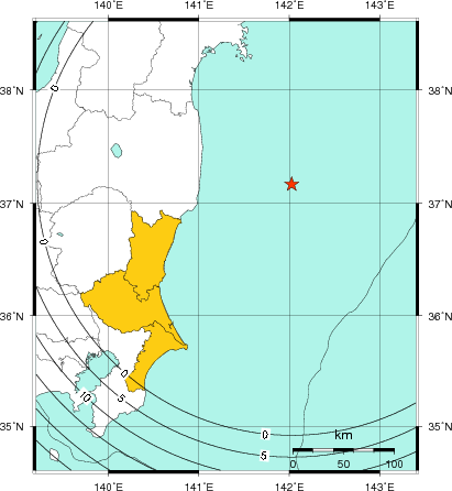 緊急地震速報（警報）第1報を発表した地域及び主要動到達までの時間