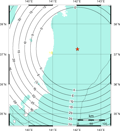 緊急地震速報第1報提供から主要動到達までの時間及び推計震度分布図