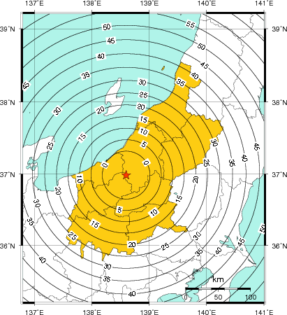 緊急地震速報（警報）第1報を発表した地域及び主要動到達までの時間