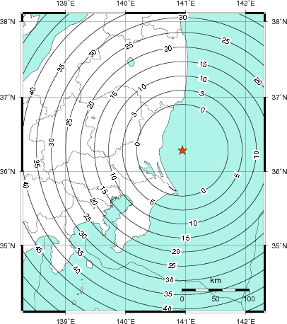 緊急地震速報第1報提供から主要動到達までの時間及び推計震度分布図