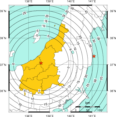 緊急地震速報（警報）第1報を発表した地域及び主要動到達までの時間