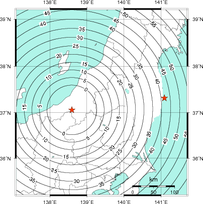 緊急地震速報第1報提供から主要動到達までの時間及び推計震度分布図