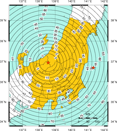 緊急地震速報（警報）第1報を発表した地域及び主要動到達までの時間