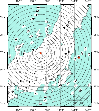 緊急地震速報第1報提供から主要動到達までの時間及び推計震度分布図