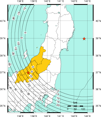 緊急地震速報（警報）第1報を発表した地域及び主要動到達までの時間