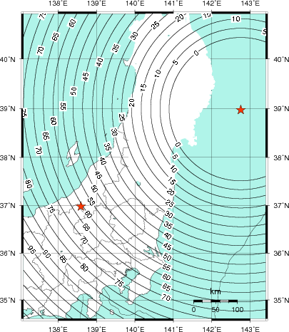 緊急地震速報第1報提供から主要動到達までの時間及び推計震度分布図