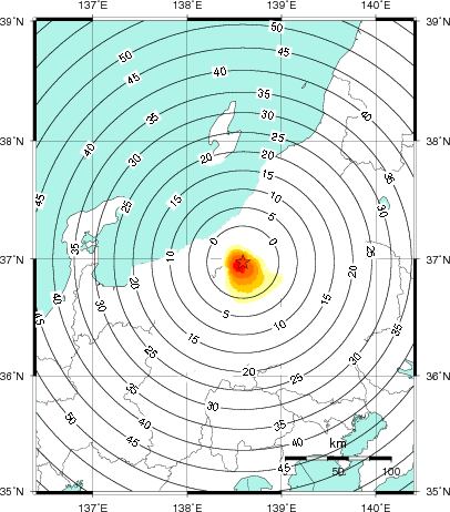 緊急地震速報第1報提供から主要動到達までの時間及び推計震度分布図