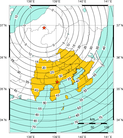 緊急地震速報（警報）第1報を発表した地域及び主要動到達までの時間