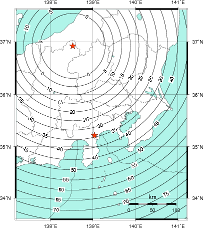 緊急地震速報第1報提供から主要動到達までの時間及び推計震度分布図