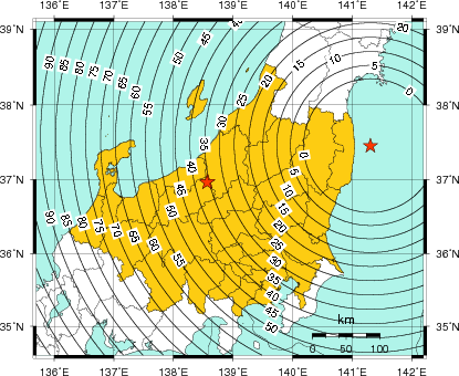 緊急地震速報（警報）第1報を発表した地域及び主要動到達までの時間