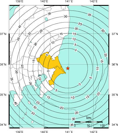 緊急地震速報（警報）第1報を発表した地域及び主要動到達までの時間