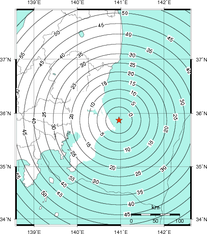 緊急地震速報第1報提供から主要動到達までの時間及び推計震度分布図