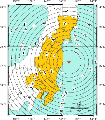 緊急地震速報（警報）第1報を発表した地域及び主要動到達までの時間