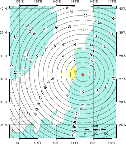 緊急地震速報第1報提供から主要動到達までの時間及び推計震度分布図