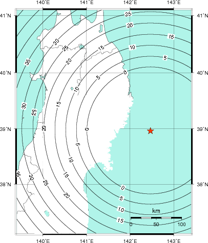 緊急地震速報第1報提供から主要動到達までの時間及び推計震度分布図