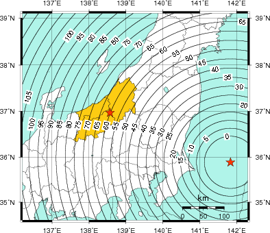 緊急地震速報（警報）第1報を発表した地域及び主要動到達までの時間