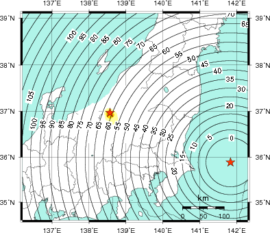 緊急地震速報第1報提供から主要動到達までの時間及び推計震度分布図