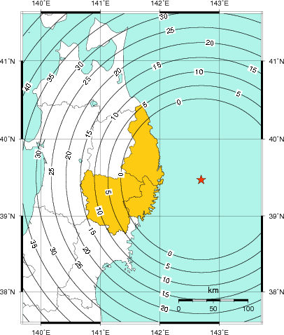 緊急地震速報（警報）第1報を発表した地域及び主要動到達までの時間