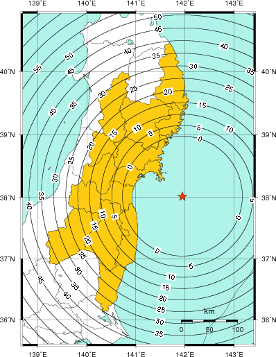 緊急地震速報（警報）第1報を発表した地域及び主要動到達までの時間