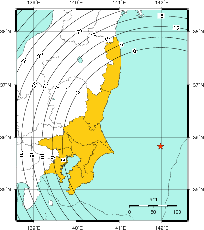 緊急地震速報（警報）第1報を発表した地域及び主要動到達までの時間